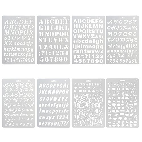 NABLUE Pack of 8 Plastic Alphabet Letter Number Drawing Painting Stencils Scale Template Sets for Bullet Journal Stencil Planner/Scrapbook/DIY Painting Craft Projects