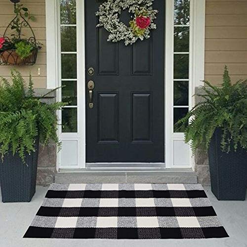 Buffalo Plaid Check Outdoor Rug Door Mat 23.5 x 35.4 Inches Black and White Hand-Woven Porch Rug Welcome Doormat for Kitchen, Bathroom, Laundry Room, Bedroom