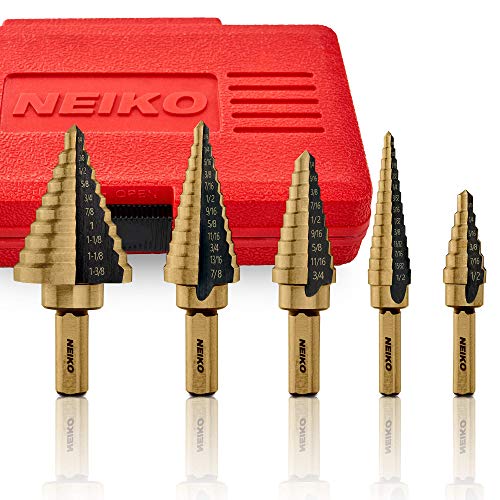Neiko 10197A Titanium Step Drill Bit Set, High Speed Steel | 5-Piece Set | Total 50 Sizes
