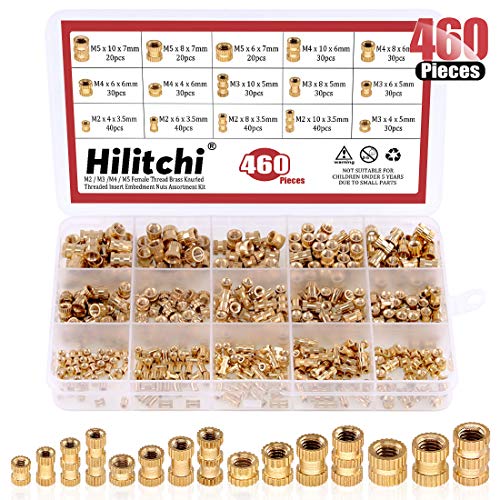Hilitchi 460 Pcs M2 M3 M4 M5 Female Thread Brass Knurled Threaded Insert Embedment Nuts Assortment Kit, Embed Parts, Pressed Fit into Holes for 3D Prints and More Projects
