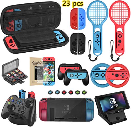 Welwel Accessories Bundle Compatible with Nintendo Switch, Accessories Kit with Carrying Case, 5 Angles Bracket, Charging Dock, 24 Games Case , Tennis Racket, Wheel, Grip, Screen Protector & More