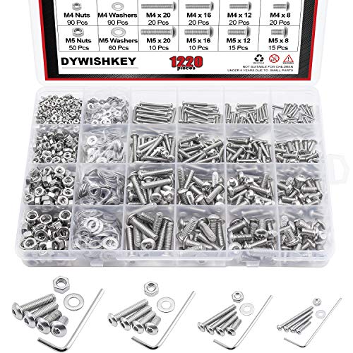 DYWISHKEY 1220 PCS M2 M3 M4 M5, 304 Stainless Steel Hex Button Head Cap Bolts Screws Nuts Washers Assortment Kit with Hex Wrenches