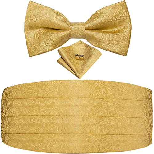 Dubulle Cummerbund Gold Paisely Gold Bow Tie and Pocket Square for Men