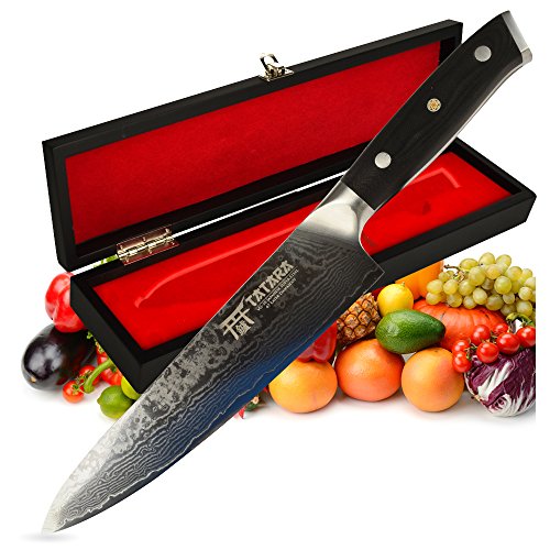 TATARA | Japanese Chef Knife for Sushi 8 inch | Professional Gyuto VG10 Damascus | Perfect For Sushi, Vegetable, Meat Cutting | Comes With Wooden Case