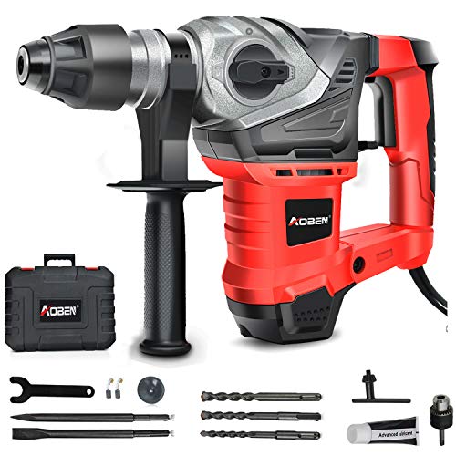 AOBEN SDS-Plus Rotary Hammer Drill with Vibration Control and Safety Clutch,13 Amp Heavy Duty Demolition Hammer for Concrete-Including 3 Drill Bits,Flat Chisels, Point Chisels, Drill Chuck and Gre