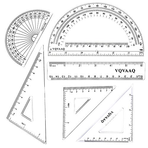 6 Piece Geometry School Set, Linear Ruler, Set Squares, Protractor