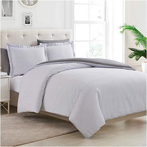 Mellanni Duvet Cover King Set 5pcs - Soft Double Brushed Microfiber Bedding with 2 Shams and 2 Pillowcases - Button Closure and Corner Ties - Fade, Stain Resistant (King/Cal King, Pin Stripe Gray)