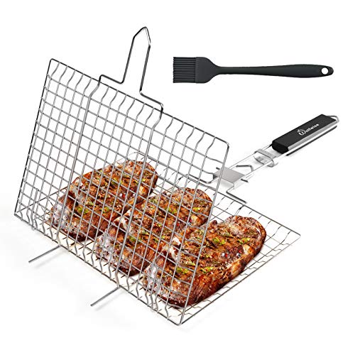 WolfWise Portable Grilling Basket BBQ Barbecue Tool Work for Fish Vegetable Steak Meat Shrimp Chops, Made of Durable 430 Stainless Steel, Medium
