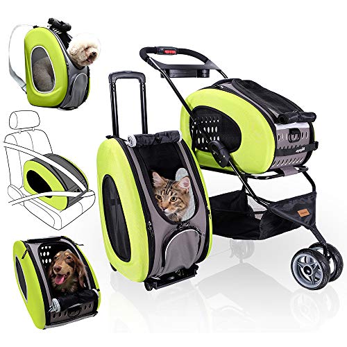5-in-1 Pet Carrier with Backpack, Car Seat, Pet Carrier Stroller, Shoulder Strap, Carriers with Wheels for Dogs and Cats - Green