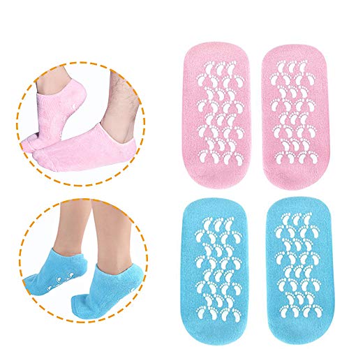 Moisturizing Socks, Gel Socks Soft Moisturizing Gel Socks, Gel Spa Socks For Repairing and Softening Dry Cracked Feet Skins, Gel Lining Infused with Essential Oils and Vitamins (Blue & Pink)