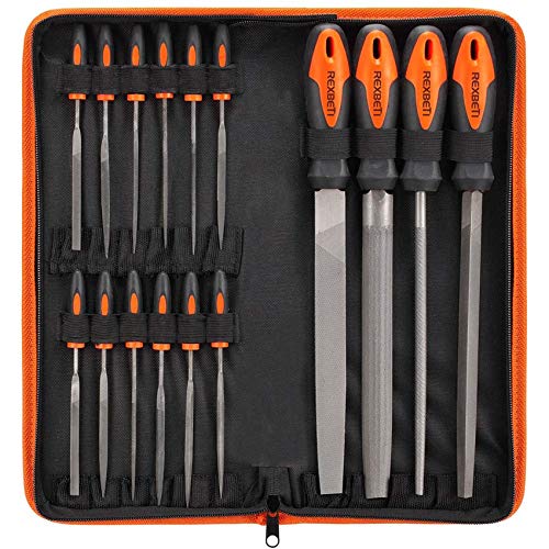 REXBETI 16Pcs Premium Grade T12 Drop Forged Alloy Steel File Set with Carry Case, Precision Flat/Triangle/Half-round/Round Large File and 12pcs Needle Files, Soft Rubbery Handle, Perfect Shaping Tool