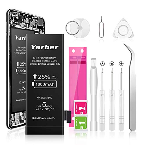 Yarber Replacement Battery for iPhone 5, 1800mAh High Capacity Replacement Battery 0 Cycle, with Complete Repair Tool Kits and Adhesive Strips - 24-Months Support