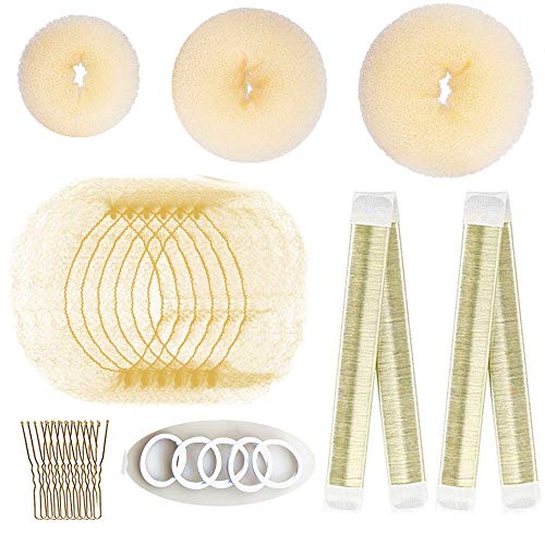 Hair Bun Maker Set with 20 Reusable Invisible Hair Nets, 3 Donut Bun Makers, 2 Snap Hair Bun Shapers, 5 Hair Elastic Bands, 10 Bobby Pins, Easy Hair Bun Styling Kit for Kids Girls Women, Blonde