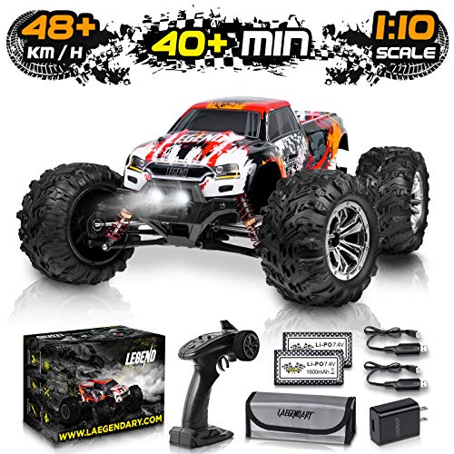 1:10 Scale Large RC Cars 48+ kmh Speed - Boys Remote Control Car 4x4 Off Road Monster Truck Electric - All Terrain Waterproof Toys Trucks for Kids and Adults - 2 Batteries + Connector for 40+ Min Play