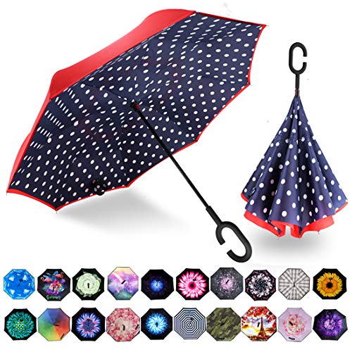 MRTLLOA Inverted Umbrella, Umbrella Windproof, Reverse Umbrella, Umbrellas for Women with UV Protection, Upside Down Umbrella with C-Shaped Handle for Mothers Day Gifts(N-Red Dot)