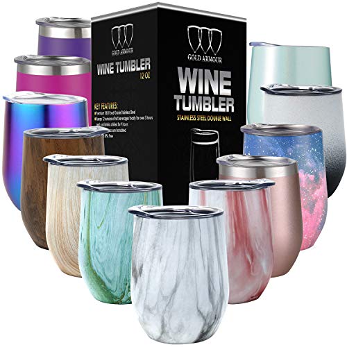 Stainless Steel Wine Glass Tumbler with Lid, 12 oz Double Wall Vacuum Insulated Travel Tumbler Cup, Coffee Water Bottle Cup (Pattern: Carrara Marble)