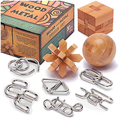 Brain Teasers Metal and Wooden Puzzles for Kids and Adults 9 Pack, Mind, IQ, and Logic Test and Handheld Disentanglement Games, 3D Coil Cast Wire Chain and Durable Wood Educational Toys