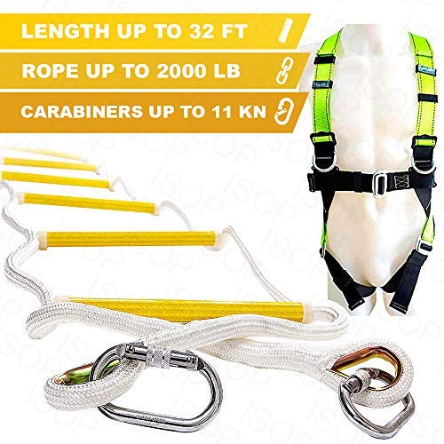 ISOP Rope Ladder Fire Escape 3-4 Story Homes 32 ft (10m) Unique Safety Ladder with Safety Harness – Weather Resistant Compact & Portable External Latter (32f with Full Body Harness)
