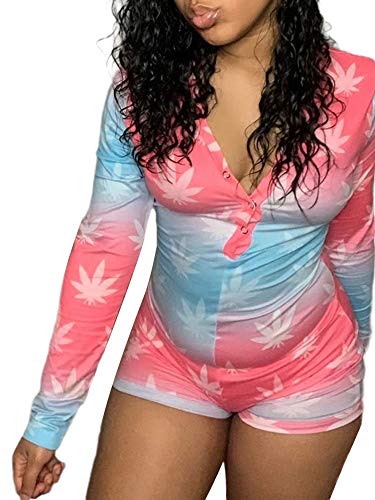 Women 's Jumpsuits Overall Sexy Deep V Neck Romper Bodycon Casual Long Sleeve Leopard Yes Daddy Pajama Sleepwear Clubwear (Pink Blue, M)