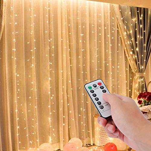 Curtain light 300 LED Fairy String Light 8 Modes Control Decoration for Bedroom Window Wedding Party Home Garden Outdoor Indoor,IP65 Water Proof,USB Operated (9.8ft X 9.8ft, Warm White)