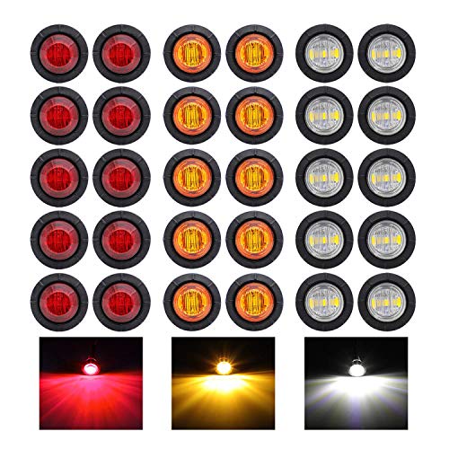 30 Pcs TMH 3/4 Inch Surface Mount 10 pcs Amber + 10 pcs Red + 10 pcs White LED Clearance Markers Bullet Marker lights, side marker lights, led marker lights, led trailer marker lights