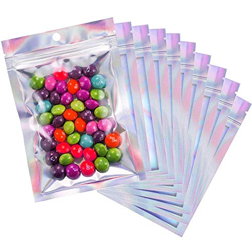 150 Pack Resealable Mylar Bags, Smell Proof Pouch, Aluminum Foil Bag, Small Mylar Storage Bags For Candy,Jewelry 3x4.7inch(Holographic Rainbow Color)