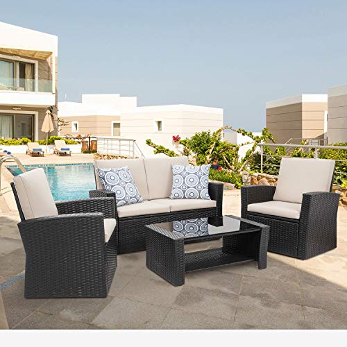 Shintenchi 4 Piece Outdoor Patio Furniture Sets, Wicker Rattan Sectional Sofa Couch with Glass Coffee Table for Backyard, Porch, Garden and Poolside Outdoor Patio Conversation Sets, Black