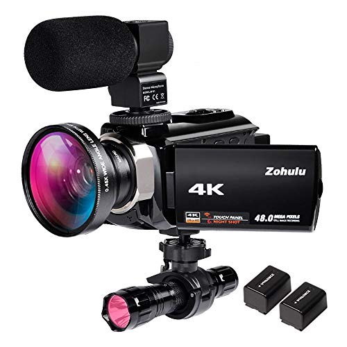 4K Video Camera Zohulu Camcorder, WiFi Vlogging Camera for YouTube with Microphone, 60FPS 48MP Ultra HD 16X Digital Zoom Night Vision Camera with IR Flashlight, Wide Angle Lens (2 Batteries Included)