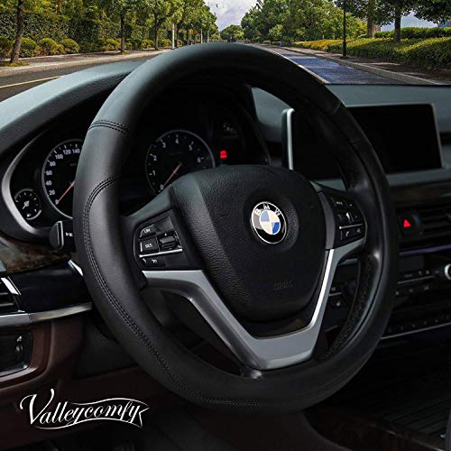 Valleycomfy Microfiber Leather Steering Wheel Covers Universal 15 inch (Black)
