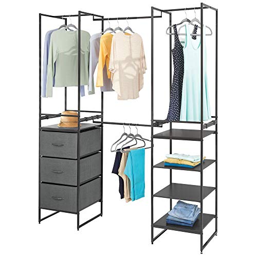 mDesign Modular Closet Organizer System, Storage Unit, Sturdy Steel Frame, 3 Fabric Drawer Bins, 4 Garment Racks, 5 Shelves for Bedroom, Hallway, Entryway, Closet, Textured Print - Charcoal Gray/Black