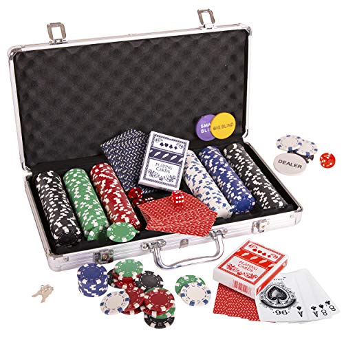 Silly Goose Poker Chip Set, Poker Chips (300/11.5 gr), Color Dice (5), Playing Cards (2) Aluminum Case w/Key (1), Buttons (3)
