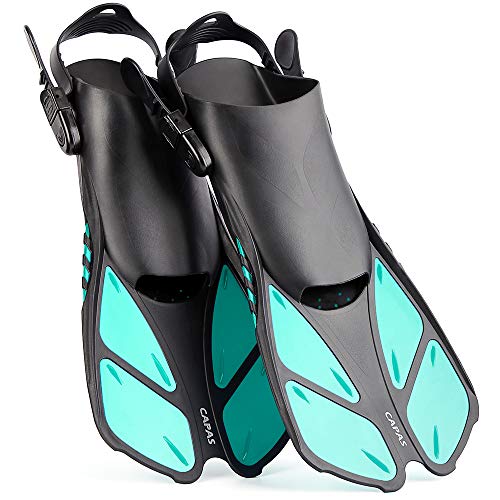 CAPAS Snorkel Fins, Swim Fins Travel Size Short Adjustable for Snorkeling Diving Adult Men Women Kids Open Heel Swimming Flippers (Green, S/M(Adult US Size 4.5-8.5))