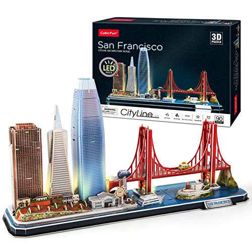 CubicFun 3D Puzzles for Adults Kids LED San Francisco Cityline Collection Model Kits, Lighting Architecture Toys Gifts for Women Men, Golden Gate Bridge, 555 California Street and Other SF Landmarks