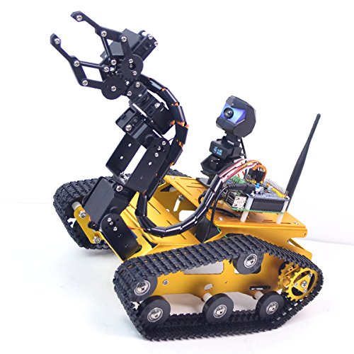 Upgraded WiFi Smart Robot Car Kit for Raspberry Pi, Gold Robot Tank Chassis, 2DOF Hd Camera, 4DOF Robot Arm, Remote Control Vehicle Toy Controlled by Android/iOS App PC (with Raspberry Pi 4B(4GB))
