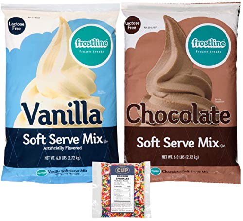 Frostline Lactose Free Soft Serve Mix Variety, Chocolate and Vanilla 6 Pound Bags with By The Cup Rainbow Sprinkles