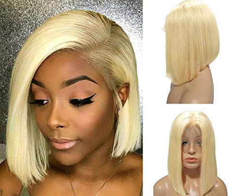 Smartinnov Lace Front Blonde Bob Wigs 180% Density Pre Plucked Virgin Human Hair 12Inch Straight Middle Part 13x4 Frontal Bleach Knot Short Cut Blonde Bob Wig for Lady(Could be restyle)