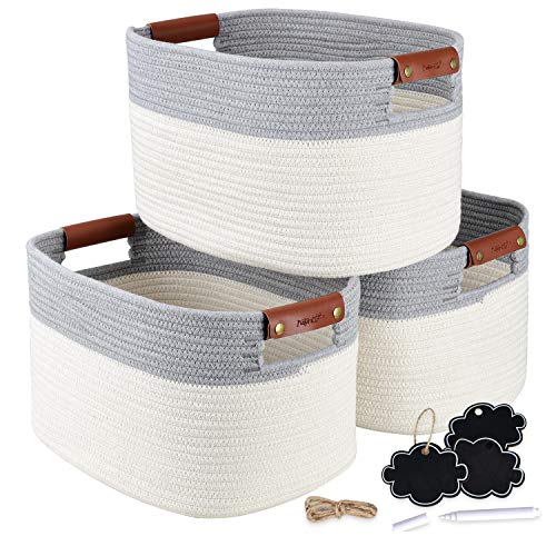 NaturaClo Cotton Rope Storage Basket Set of 3 | Decorative Woven Basket W/Leather Basket Handles & Chalk Tags |Woven Baskets for Storage and Toy Organizer | 15 x 10 x 9