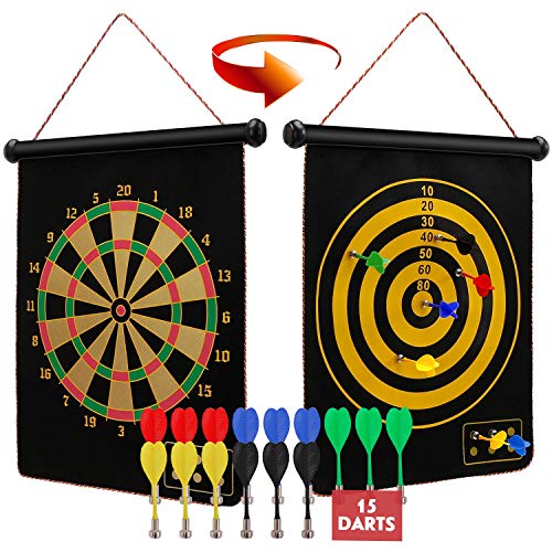 Ranslen Magnetic Dart Board for Kids and Adults, Double Sided Board Games Set, Indoor Outdoor Darts Game with 15pcs Magnetic Darts, Safety Dartboard Toy Games for Kids Gifts