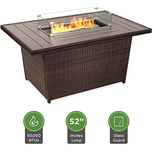Best Choice Products 52-inch 50,000 BTU Outdoor Wicker Patio Propane Gas Fire Pit Table w/Aluminum Tabletop, Glass Wind Guard, Clear Glass Rocks, Cover, Slide Out Tank Holder, and Lid, Brown