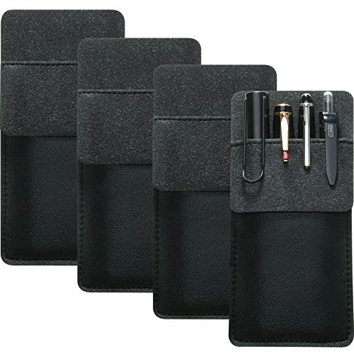 4 Packs Leather Pocket Handmade Protector Pen Holder Pouch for Lab Coats/Shirts/Pen Note, Pencil Pocket Holder for School Office Hospital Supplies (Black)