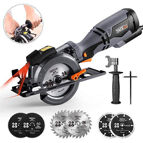 TACKLIFE Circular Saw with Metal Handle, 6 Blades(4-3/4' & 4-1/2”), Laser Guide, 5.8A, Max Cutting Depth 1-11/16'' (90°), 1-3/8'' (45°), Ideal for Wood, Soft Metal, Tile and Plastic Cuts - TCS115A