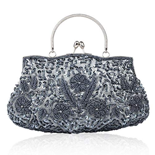 Noble Beaded Sequin Flower Evening Purse Large Clutch Bag Handbag for Women (Gray)