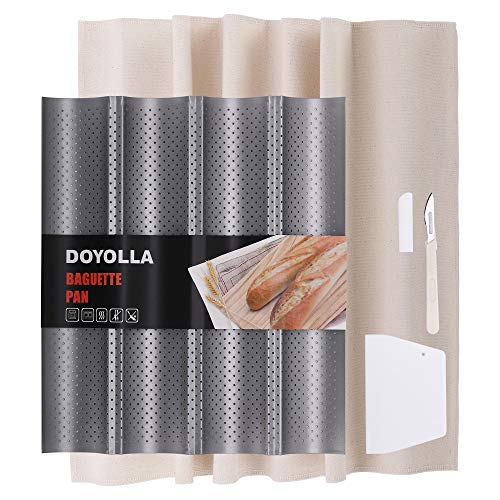 DOYOLLA French Baguette Bread Pans for Baking (4-loaf, Nonstick) + Bread Lame + Dough Scraper + Pastry Proofing Couche Dough Cloth for Professional & Home Bakers