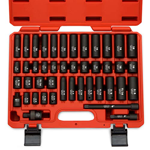 Neiko 02440A 3/8' Drive Impact Socket Set, 44 Piece Deep and Shallow Assortment | Standard SAE and Metric Sizes (5/16-Inch to 3/4-Inch and 8-19 mm) | Cr-V Steel