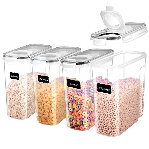 ME.FAN Cereal Storage Containers [Set of 4] Airtight Food Storage Containers 4L(135oz) - Large Kitchen Storage Keeper with 24 Chalkboard Labels - Easy Pouring Lid (Black)