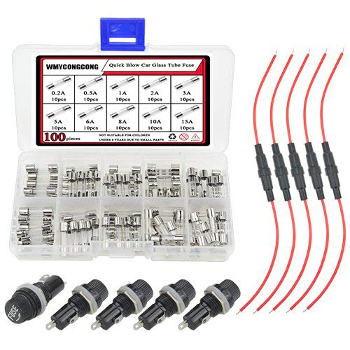 WMYCONGCONG 5 PCS 5x20mm Fuse Holder Inline Screw Type + 100 PCS Quick Blow Glass Fuses Assortment + 5 PCS 5x20mm Panel Mounted Fuse Holder