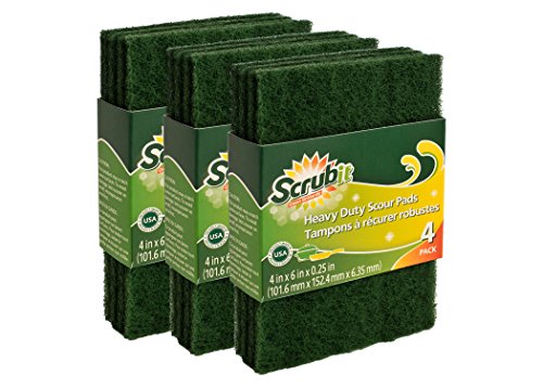 Scouring Pads - Heavy Duty Household Cleaning Scrubber with Non-Scratch Anti-Grease Technology - Reusable – Green - 4 Pack (X3) Total 12 Pads | by: Scrub-it