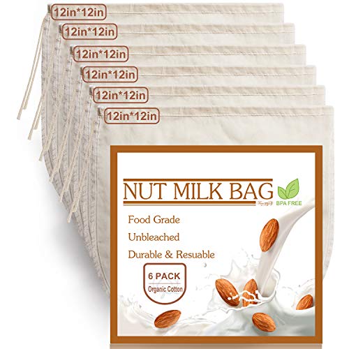 6 Pack 12'x12' Nut Milk Bags, Fancymay 100% Unbleached Organic Cotton Cheesecloth, Reusable Food Strainer Colander For Straining Almond/Soy Milk, Juice, Cold Brew Coffee, Tea, Yogurt