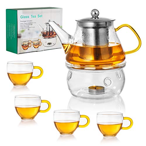 Glass Teapot Set - Stovetop & Microwave Safe Glass Tea Kettle (20 OZ/0.6L) with 4 Glass Teacups & Stainless Steel Tea Infuser & Tea Warmer ，Blooming Tea and Loose Leaf Tea Maker Set