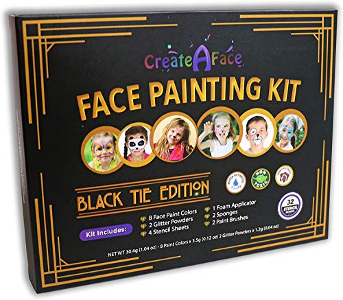 Face Painting Kit for Kids - 32 Stencils, 8 Water Based Face Paint Colors, 2 Brushes, 2 Glitters, 2 Sponges & 2 Applicators - Video Tutorials & eBook - 100% Safe, Easy On and Off (Black)